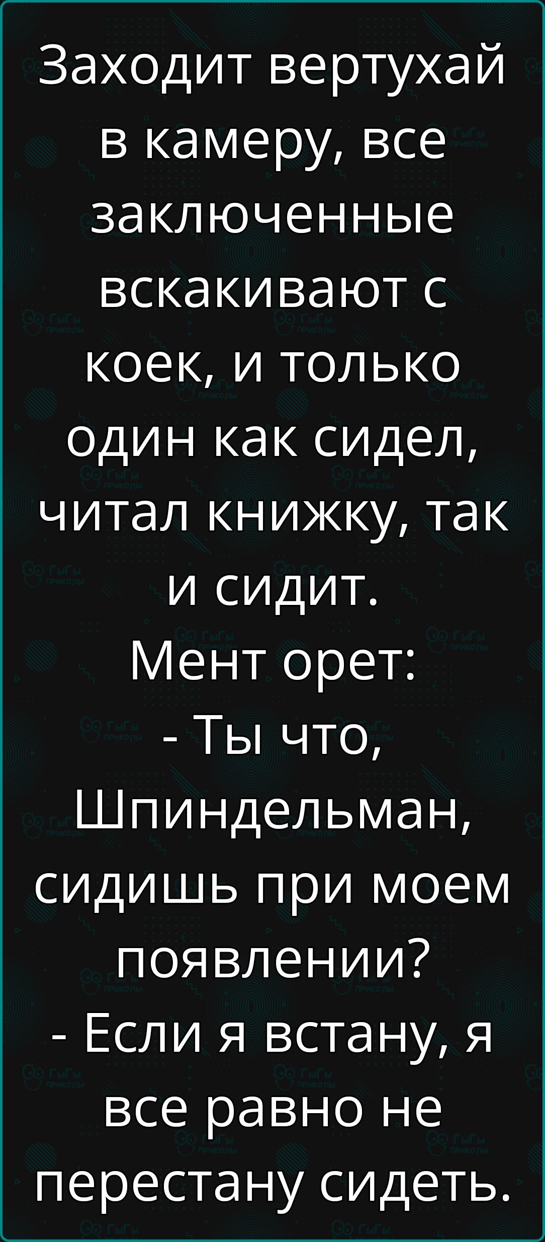 Заходит вертухай в камеру все заключенные вскакивают с коек и только один как сидел читал книжку так и сИдитТ Мент орет Ты что Шпиндельман сидишь при моем появлении Если я встану я все равно не перестану сидеть