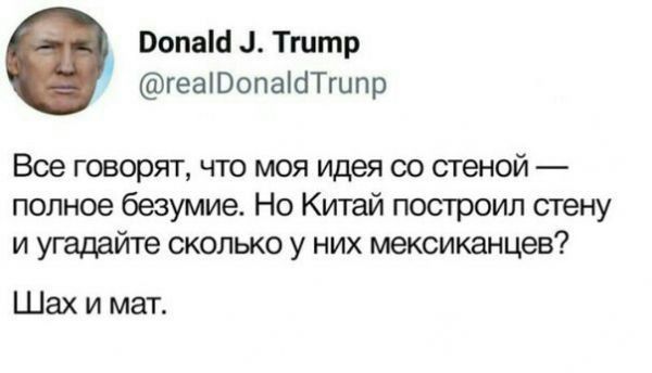 Фопаа Тгитр геаРопааТгипр Все говорят что моя идея со стеной полное безумие Но Китай построил стену и угадайте сколько у них мексиканцев Шах и мат