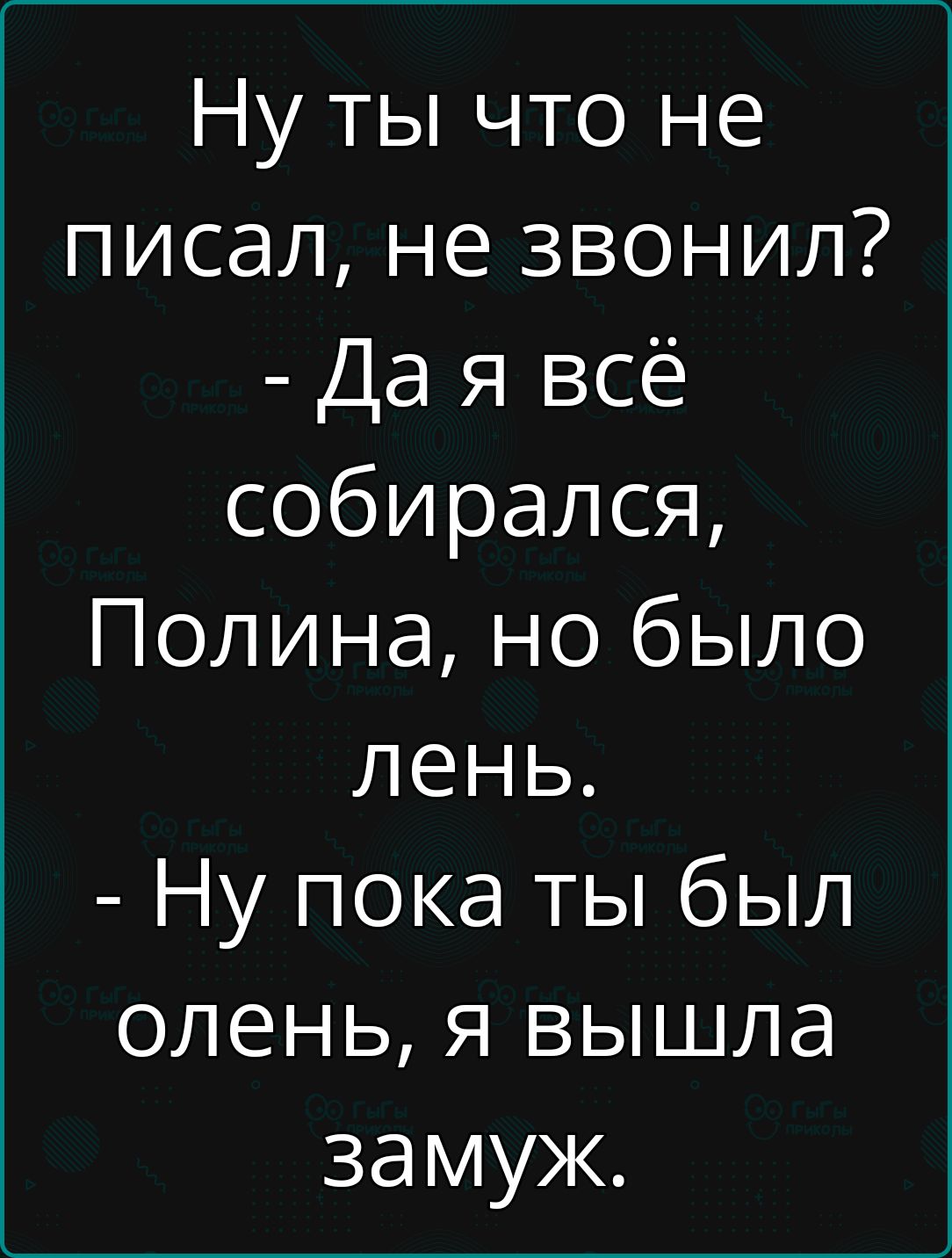 Ну ты что не писал не звонил Да я всё собирался Полина но было лень Ну пока ты был олень я вышла замуж