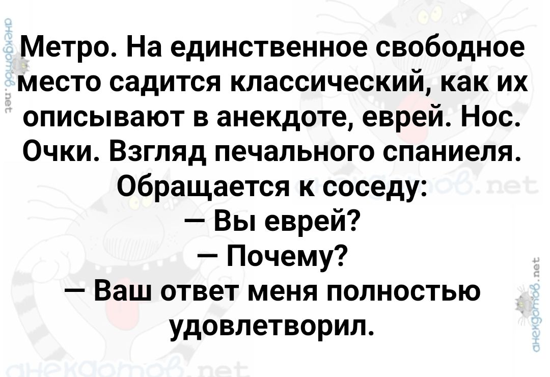 Метро На единственное свободное место садится классический как их описывают в анекдоте еврей Нос Очки Взгляд печального спаниеля Обращается к соседу Вы еврей Почему Ваш ответ меня полностью удовлетворил