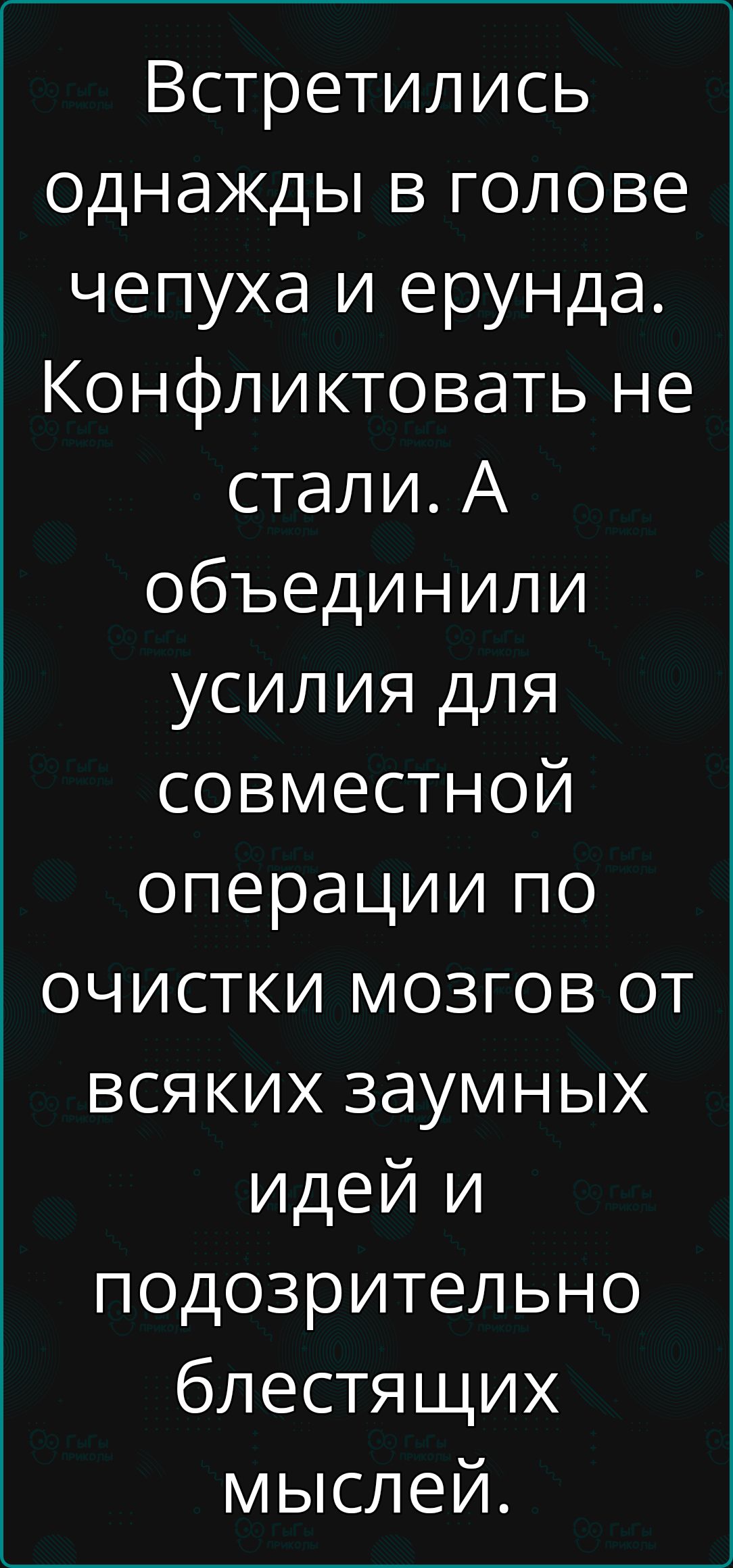 Встретились однажды в голове чепуха и ерунда Конфликтовать не стали А объединили усилия для совместной операции по очистки мозгов от всяких заумных идей и подозрительно блестящих мыслей