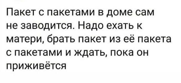 Пакет с пакетами в доме сам не заводится Надо ехать к матери брать пакет из её пакета с пакетами и ждать пока он приживётся