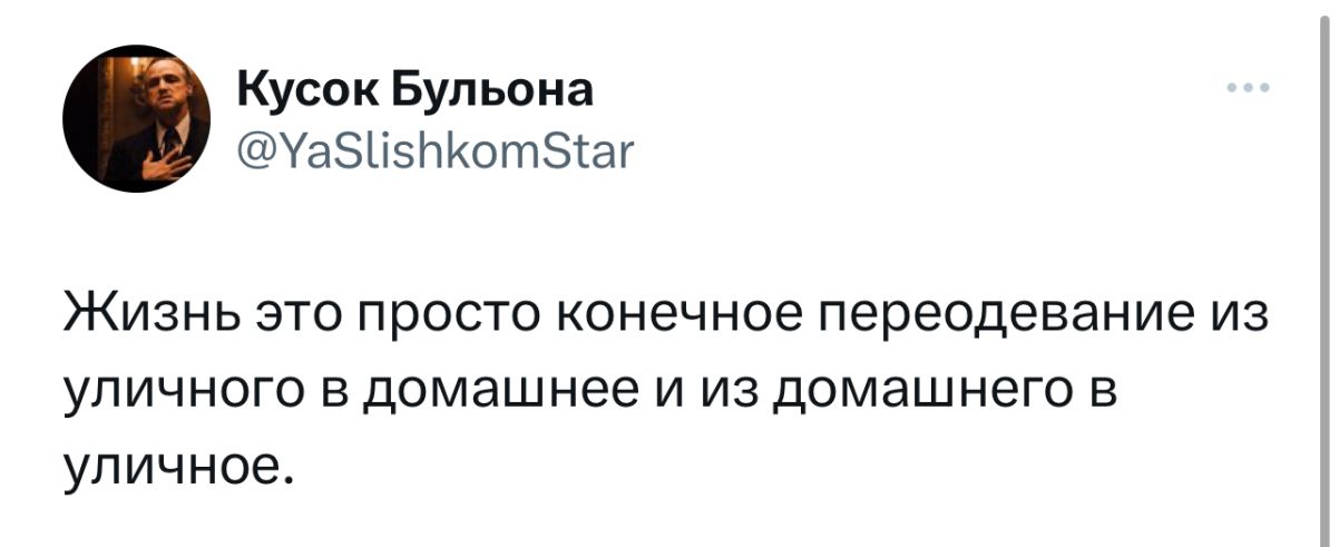 Кусок Бульона аби5НКотаг Жизнь это просто конечное переодевание из уличного в домашнее и из домашнего в уличное