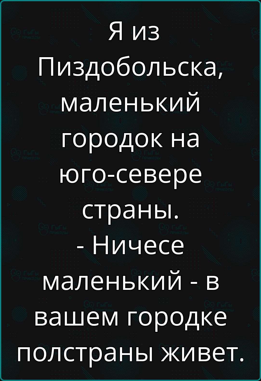 Я из Пиздобольска маленький городок на юго севере страны Ничесе маленький в вашем городке полстраны живет