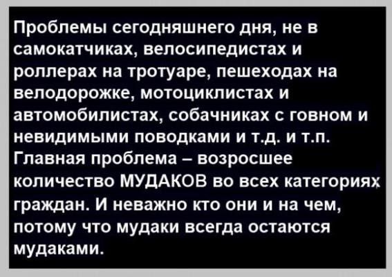 Проблемы сегодняшнего дня, не в самокатчиках, велосипедистах и роллерах на тротуаре, пешеходах на велодорожке, мотоциклистах и автомобилистах, собачниках с говном и невидимыми поводками и т.д. И т.п. Главная проблема  возросшее количество мудаков во всех категориях граждан. И неважно кто они и на чем, потому что мудаки всегда остаются мудаками.