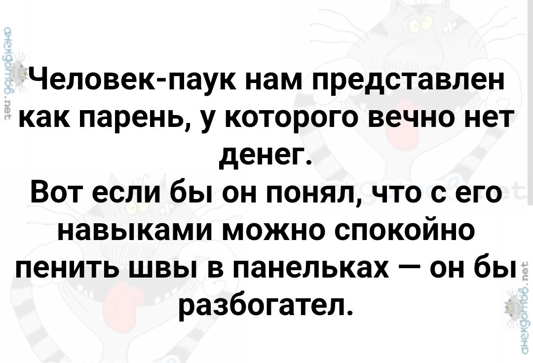 Человек-паук нам представлен как парень, у которого вечно нет денег. Вот если бы он понял, что с его навыками можно спокойно пенить швы в панельках — он бы разбогател.