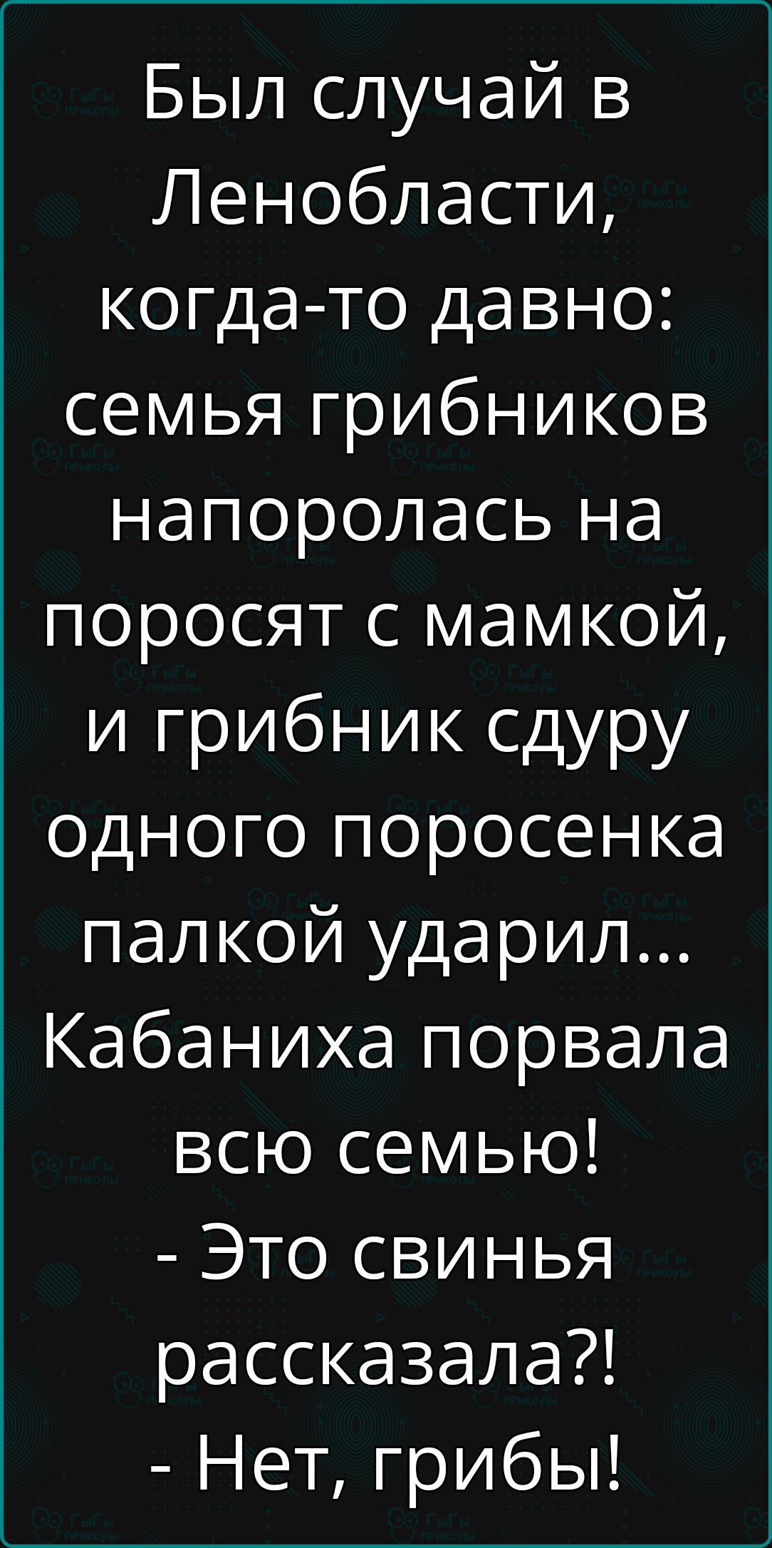 Был случай в Ленобласти, когда-то давно: семья грибников напоролась на поросят с мамкой, и грибник сдуру одного поросенка палкой ударил... Кабаниха порвала всю семью! - Это свинья рассказала?! - Нет, грибы!