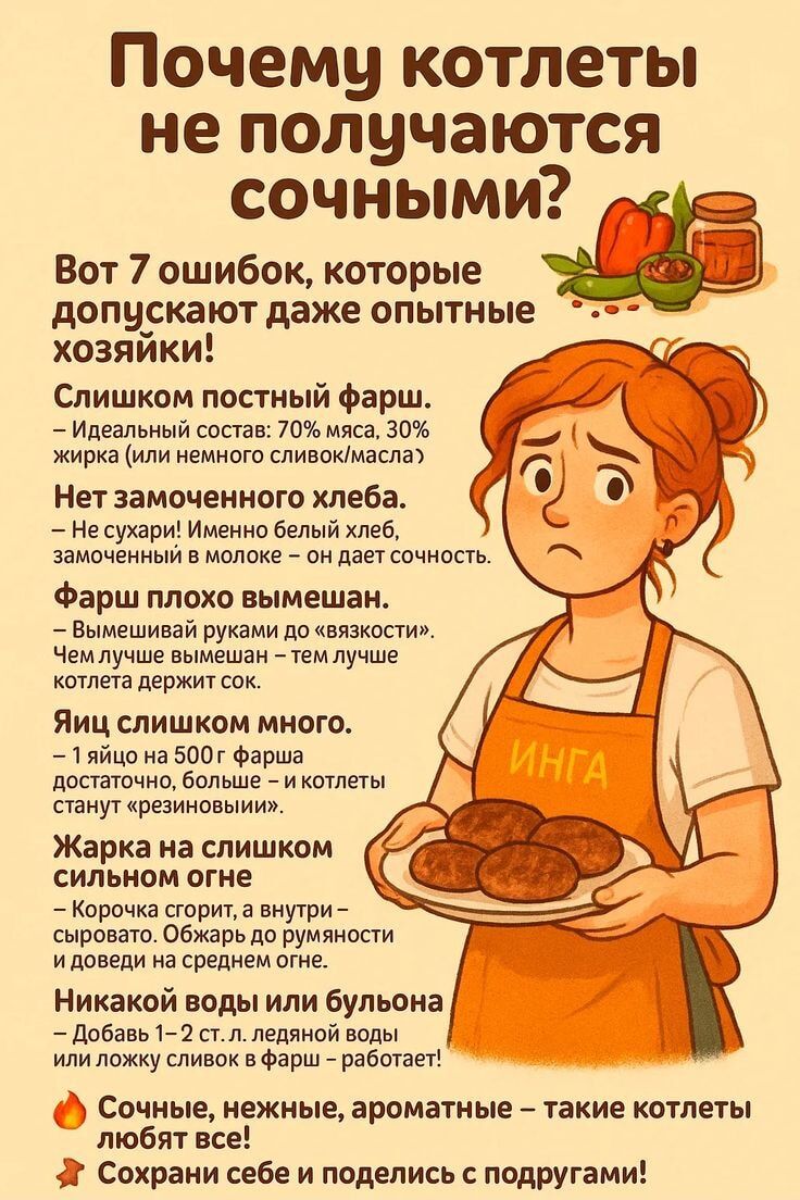Почему котлеты не получаются сочными?

Вот 7 ошибок, которые допускают даже опытные хозяйки!

1. Слишком постный фарш.
   - Идеальный состав: 70% мяса, 30% жира (или немного сливок/масла).

2. Нет замоченного хлеба.
   - Не сушите! Именно белый хлеб, замоченный в молоке – это залог сочности.

3. Фарш плохо вымешан.
   - Вымешивайте рукой до 