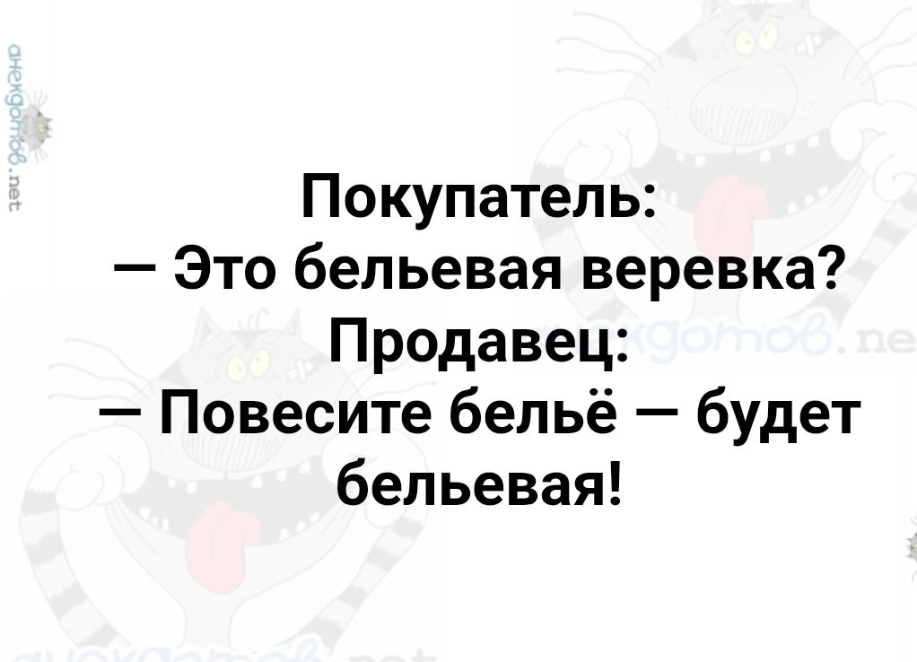 Покупатель: – Это бельевая веревка? Продавец: – Повесите бельё – будет бельевая!