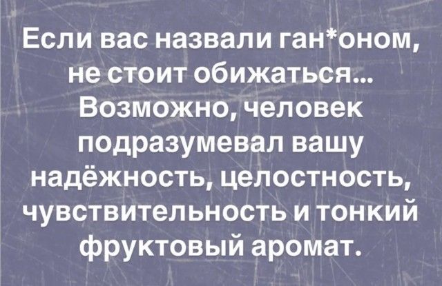 Если вас назвали ган*оном, не стоит обижаться... Возможно, человек подразумевал вашу надёжность, целостность, чувствительность и тонкий фруктовый аромат.