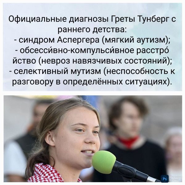 Официальные диагнозы Греты Тунберг с раннего детства:
- синдром Аспергера (легкий аутизм);
- обсессивно-компульсивное расстройство (невроз навязчивых состояний);
- селективный мутизм (несостоятельность к разговору в определённых ситуациях).