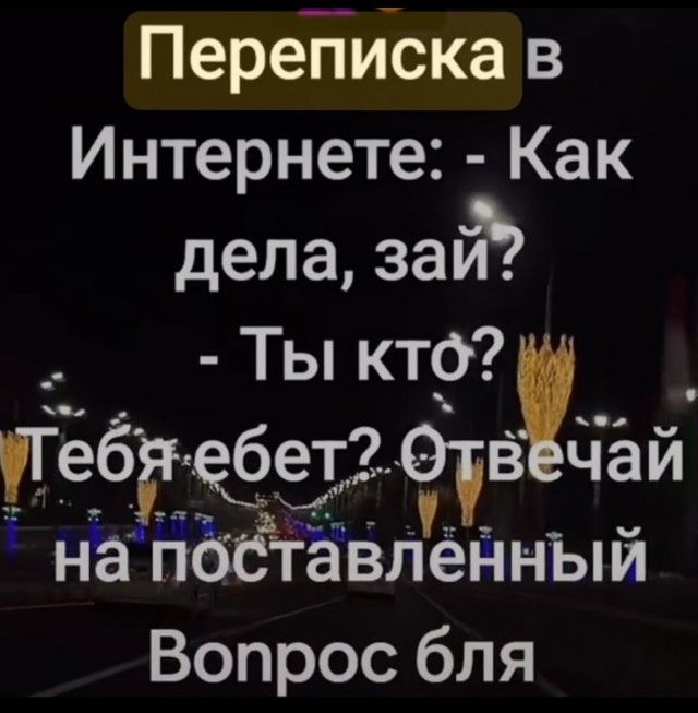 Переписка в Интернете: - Как дела, зай? - Ты кто? Тебя ебет? Отвечай на поставленный Вопрос бля
