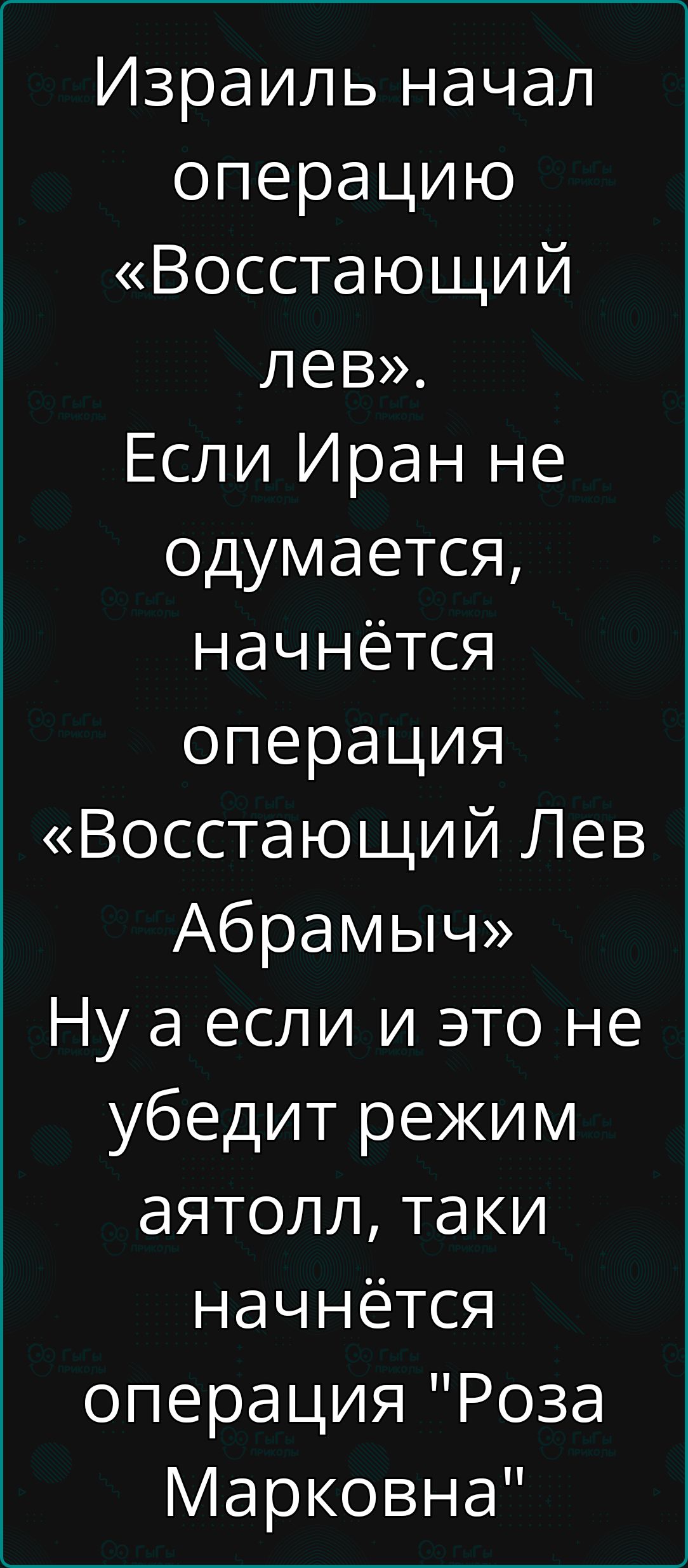 Израиль начал операцию «Восстающий лев». Если Иран не одумается, начнётся операция «Восстающий Лев Абрамыч». Ну а если и это не убедит режим аятоллов, таки начнётся операция 