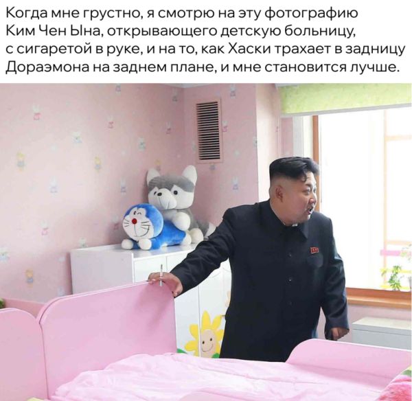 Когда мне грустно, я смотрю на эту фотографию Ким Чен Ына, открывающего детскую больницу, с сигаретой в руке, и на то, как Хаски трахает в задницу Дораэмон на заднем плане, и мне становится лучше.