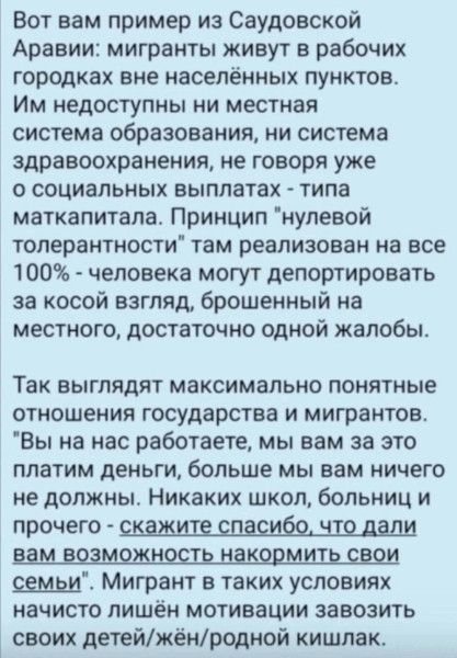 Вот вам пример из Саудовской Аравии: мигранты живут в рабочих городках вне населённых пунктов. Им недоступны ни местная система образования, ни система здравоохранения, не говоря уже о социальных выплатах - типа маткапитала. Принцип 