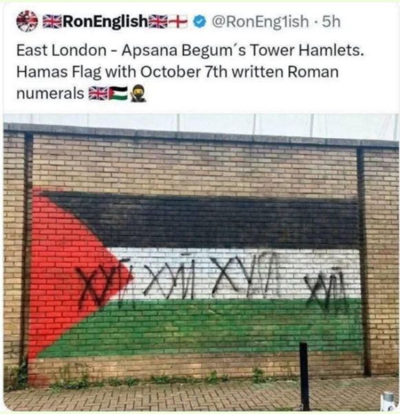 East London - Apsana Begum´s Tower Hamlets. Hamas Flag with October 7th written Roman numerals