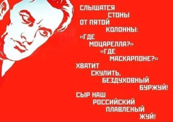 Слышатся стоны от пятой колонны: «Где моцарелла?», «Где маскарпоне?» Хватит скулить, бездуховный буржуй! Сыр наш российский плавленый жуй!
