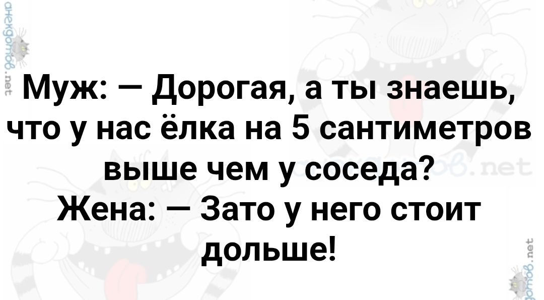 Муж: — Дорогая, а ты знаешь, что у нас ёлка на 5 сантиметров выше чем у соседа? 
Жена: — Зато у него стоит больше!