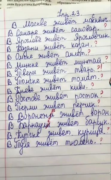 В Москве живёт москвич.
В Самаре живёт самовар.
В Ярославле живёт  Ярославец.
В Казани живёт татарин.
В Оренбурге живёт оренбуржец.
В Минске живёт минчанин.
В Твери живёт тверяк.
В Тольятти живёт тольяттинец.
В Киеве живёт киевлянин.
В Пскове живёт пскович.
В Перми живёт пирожок.
В Воронежи живёт ворон.
В Барнауле живёт барнаулец.
В Кульчеве живёт кунша.
В Туле живёт туляк.