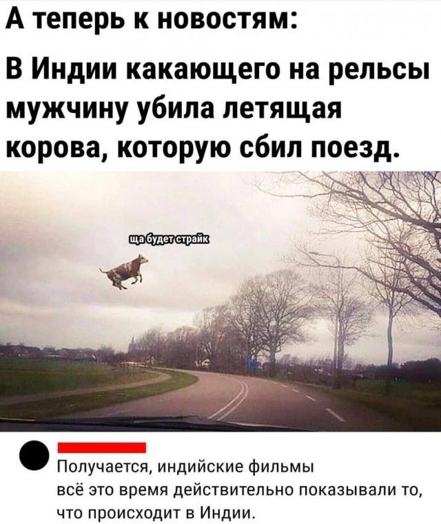А теперь к новостям: В Индии какающего на рельсы мужчину убила летящая корова, которую сбил поезд.

Получается, индийские фильмы всё это время действительно показывали то, что происходит в Индии.