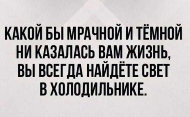 КАКОЙ БЫ МРАЧНОЙ И ТЁМНОЙ НИ КАЗАЛАСЬ ВАМ ЖИЗНЬ, ВЫ ВСЕГДА НАЙДЁТЕ СВЕТ В ХОЛОДИЛЬНИКЕ.