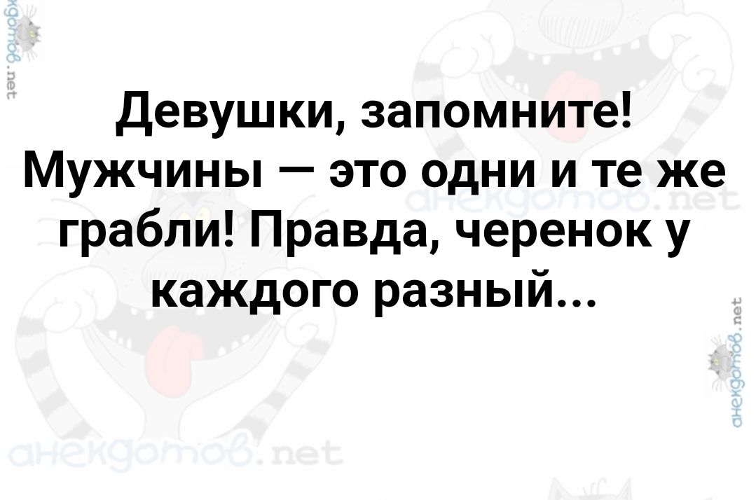 Девушки, запомните! Мужчины — это одни и те же грабли! Правда, черенок у каждого разный...