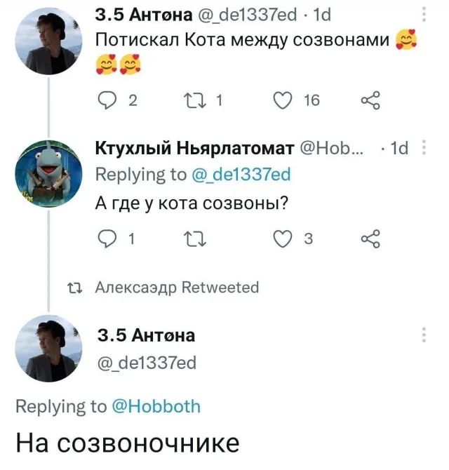 3.5 Антона @_de1337ed
1d
Потискал Кота между созвонами 😍

Ктухлый Ньярлатомат @Hob_
1d
Replying to @_de1337ed
А где у кота созвоны?

3.5 Антона @_de1337ed
Replying to @Hobboth
На созвончике