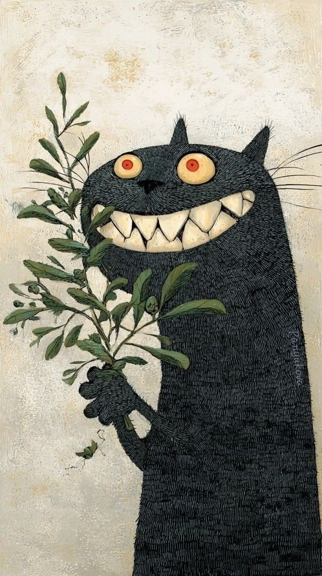 Черный кот с широкой улыбкой и огромными глазами держит ветку