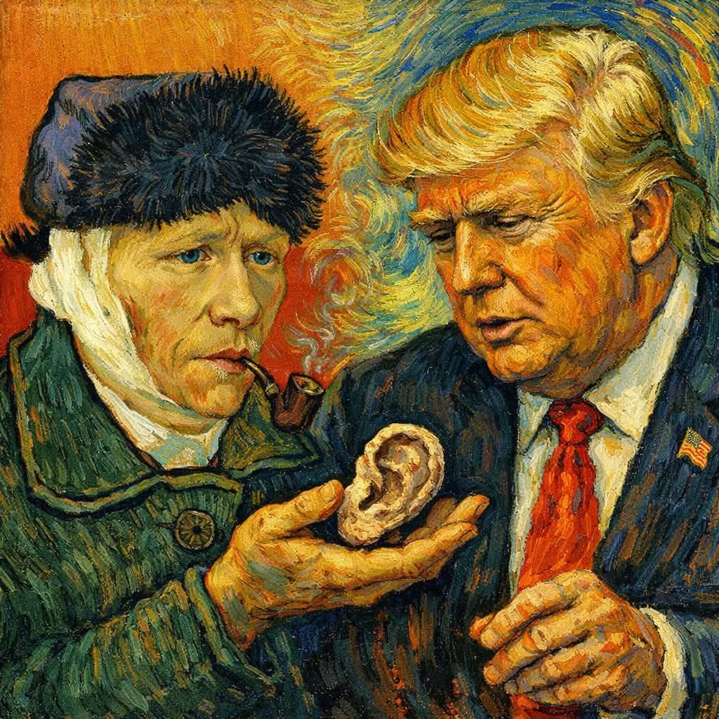 Полотно с изображением женщины в шубе и Дональда Трампа, которые рассматривают ухо, словно оно предмет обсуждения.