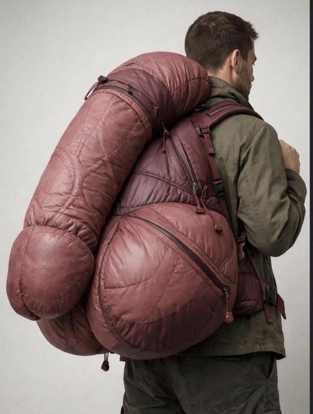 Человек в походном костюме несет огромный красный рюкзак, похожий на длинный мешок.