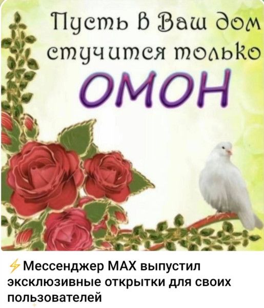 Пусть в Ваш дом случится только ОМОН
⚡ Мессенджер MAX выпустил эксклюзивные открытки для своих пользователей
