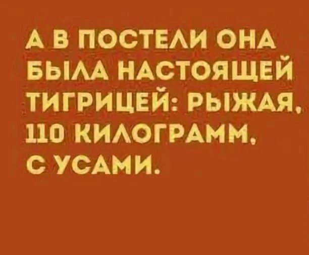 А в постели она была настоящей тигрицей: рыжая, 110 килограмм, с усами.