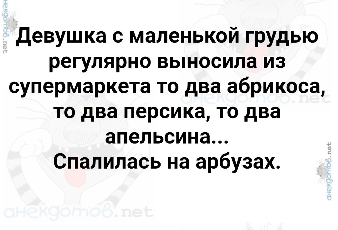 Девушка с маленькой грудью регулярно выносила из супермаркета то два абрикоза, то два персика, то два апельсина... Спалилась на арбузах.