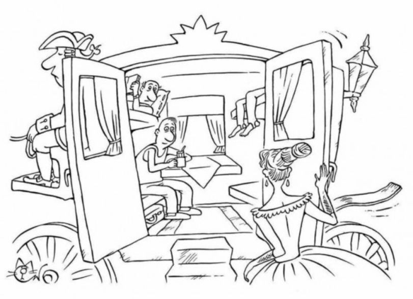 Карикатура: внутри экипажа люди сидят, женщина стоит у двери и машет, вокруг похоже на сказочный выходной домик.