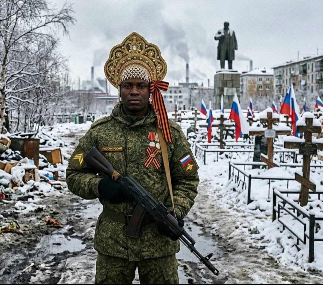 Солдат в зимнем камуфляже с автоматом на кладбище, на фоне памятник и российские флаги.