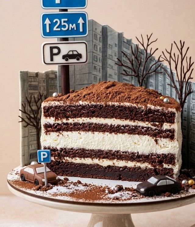 Знаки: 25м, парковка (P). Лестничная дорожка, городские здания, декоративный торт с слоями шоколада и сливок.