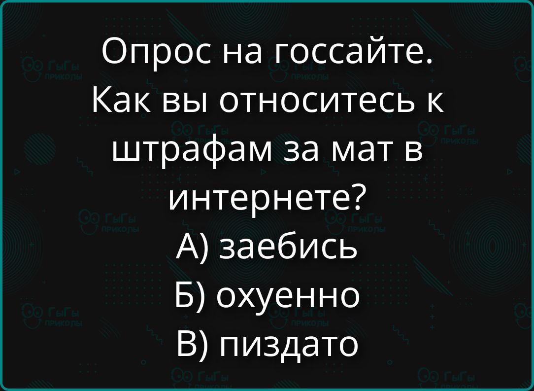 Опрос на госсайте. Как вы относитесь к штрафам за мат в интернете? А) заебись Б) охуенно В) пиздато