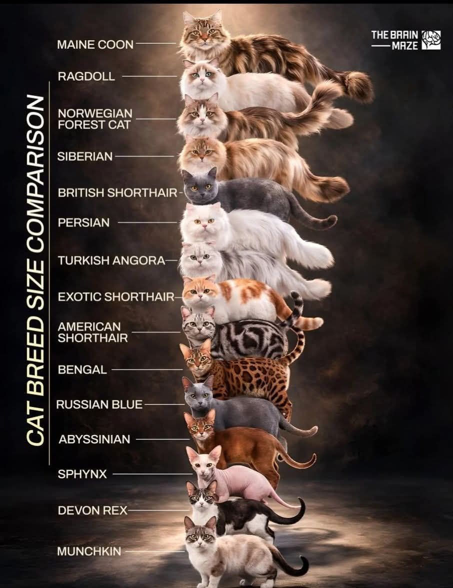 Сравнение размеров пород кошек. Мейн-кун, Рэкдолл, Норвежская лесная кошка, Сибирская, Британская короткошерстная, Персидская, Турецкая ангора, Экзотическая короткошерстная, Американская короткошерстная, Бенгальская, Русская голубая, Абиссинская, Сфинкс, Девон-рекс, Манчкин. THE BRAIN MAZE.
