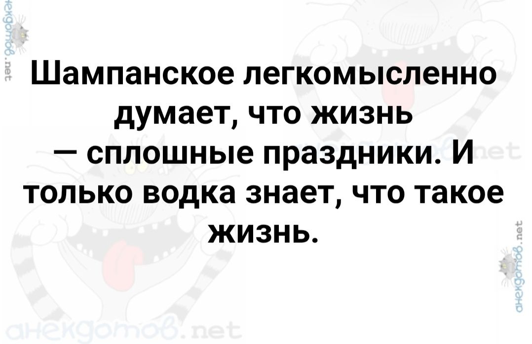 Шампанское легкомысленно думает, что жизнь — сплошные праздники. И только водка знает, что такое жизнь.