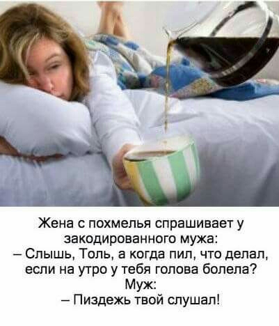 Жена с похмелья спрашивает у закодированного мужа Слышь Толь а когда пип что делал если на утро у тебя голова болела Муж Пиздехь твой слушал