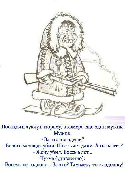Посадили чукчу в тюрьму в камере еще один мужик Мужик За что посадили _ Белого медведя убип Шесть лет дали А ты 31 тю _ Жену убил Восемь Чукча ушами то Восемь пи однако За что Там меху ладошку
