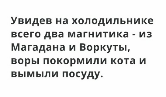Увидев на холодильнике всего два магнитика из Магадана и Воркуты воры покормили кота и вымыли посуду