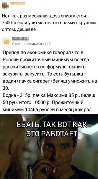 Нет как раз месячная доза спирта стоит 7500 а если учитывать что возьмут крупным оптом дешевле Препод по экономике говорил что в России прожиточный минимум всегда рассчитывается по Формуле выпить закурить закусить То есть бутылке водкитечке сигаретёбеляш умножить на за Водка изо пачка Максима 35 р белвш 50 руб итого 10500 и Прожиточный минимум 10455 рублей в месяц как раз ЕБАТЬ ТАК ВОТ КАК