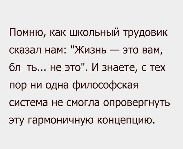 Помню как школьный Трудовик сказал нам Жизнь это вам бп ть не это И знаете с тех пор ни одна философская система не смогла опровергнуть эту гармоничную концепцию