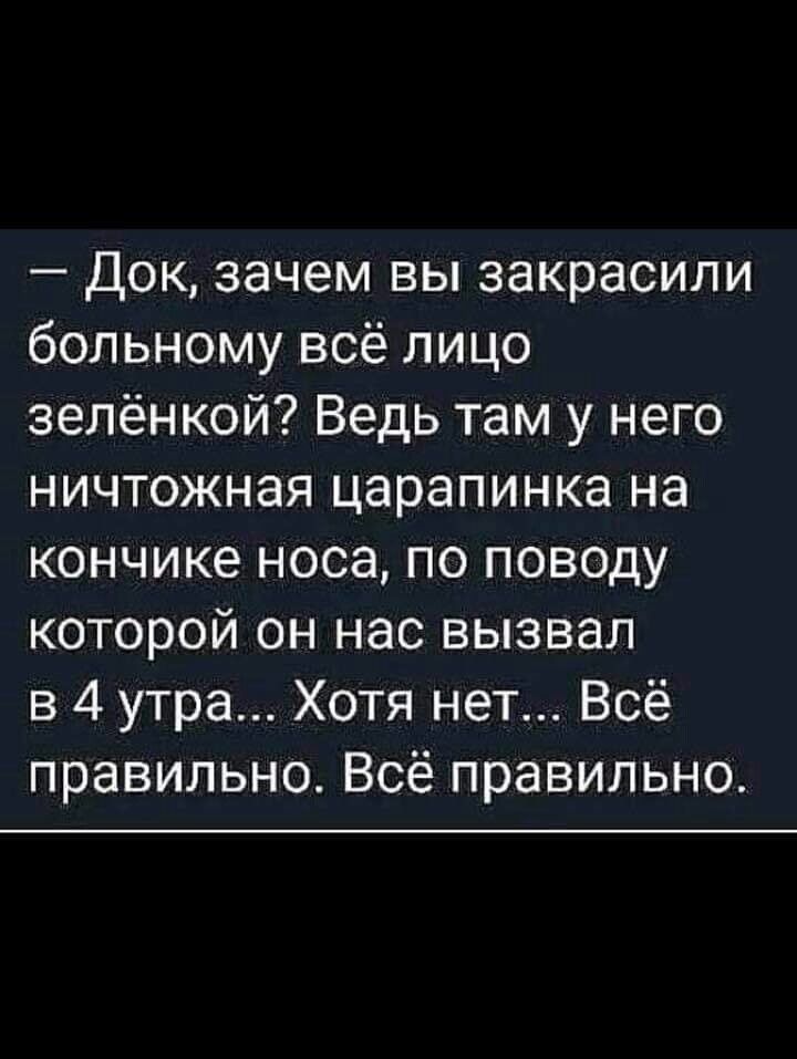 Док зачем вы закрасили больному всё лицо зелёнкой Ведь там у него ничтожная царапинка на кончике носа по поводу которой он нас вызвал в 4 утра Хотя нет Всё правильно Всё правильно