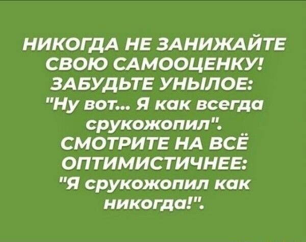 НИКОГДА НЕ ЗАНИКАЙТЕ СВОЮ САМООЦЕНКУ ЗАБУДЬТЕ УНЫЛОЕ Ну вот Я как всегда срукожопил __ СМОТРИТЕ НА ВСЕ ОПТИМИСТИЧНЕЕ Я срукожопил как никогда