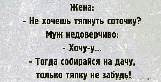 Жена Не хочешь тяпнуть соточку Муж недоверчиво Хочу у Тогда собирайся на дачу только тяпиу не забщдд
