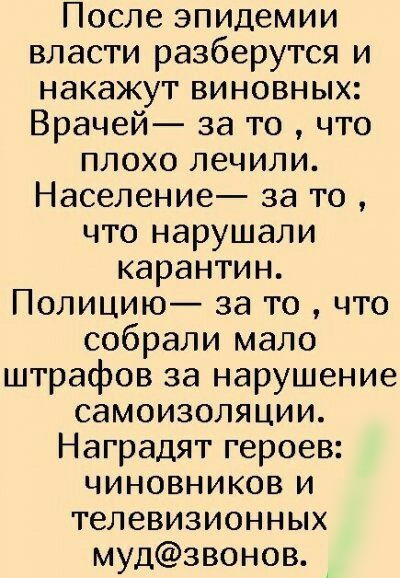 После эпидемии власти разберутся и накажут виновных Врачей за то что плохо лечили Население за то что нарушали карантин Полицию за то что собрали мало штрафов за нарушение самоизоляции Наградят героев чиновников и телевизионных мудзвонов