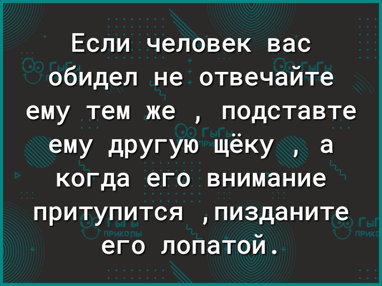 Если человек вас обидел не отвечайте ему тем же подставте ему другую щёку а когда его внимание притупится пизданите его лопатой