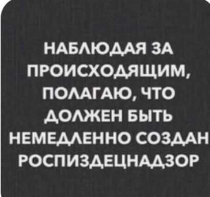 НАБЛЮДАЯ ЗА ПРОИСХОДЯЩИМ ПОЛАГАЮ ЧТО ДОЛЖЕН БЫТЬ НЕМЕДЛЕННО СОЗДАН РОСПИЗДЕЦНАДЗОР